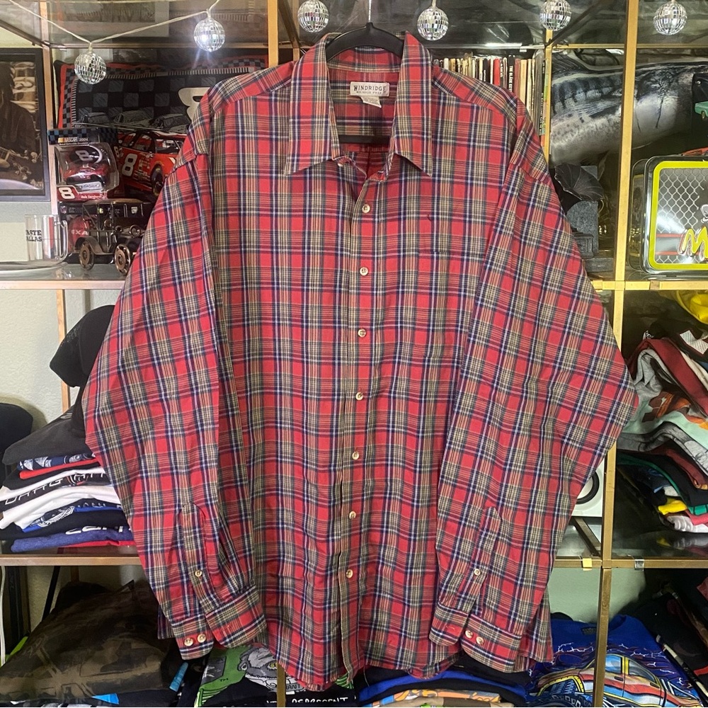 Vintage 90s Windridge Tartan Plaid Red Green Casual Button Down Dress Shirt XXLT